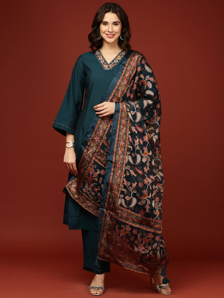 Peacock Modal Silk Three Piece Suit Set