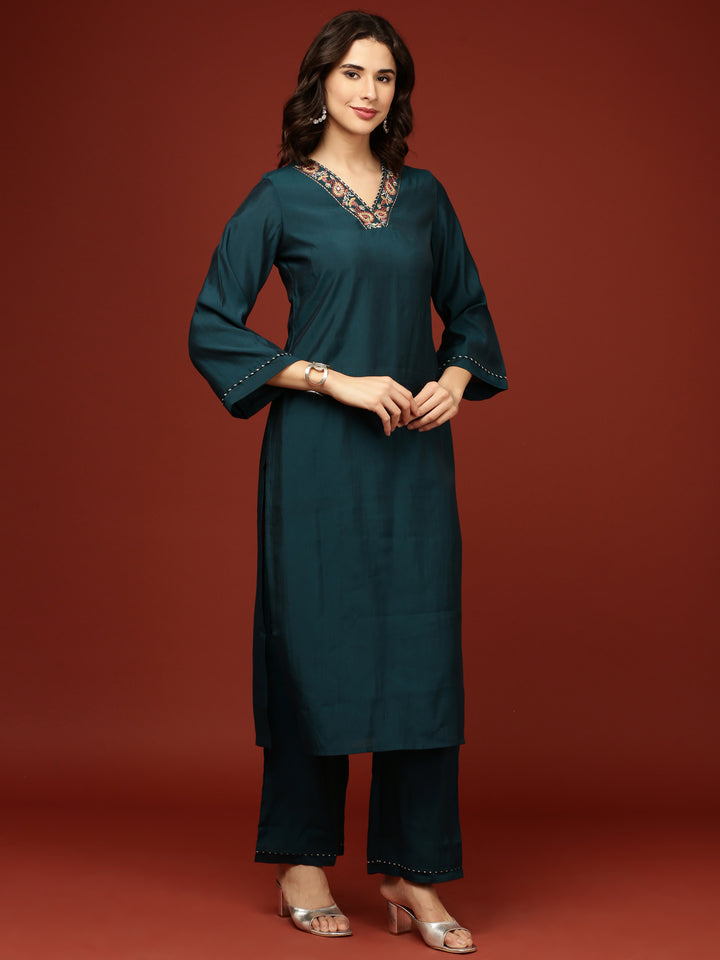 Peacock Modal Silk Three Piece Suit Set