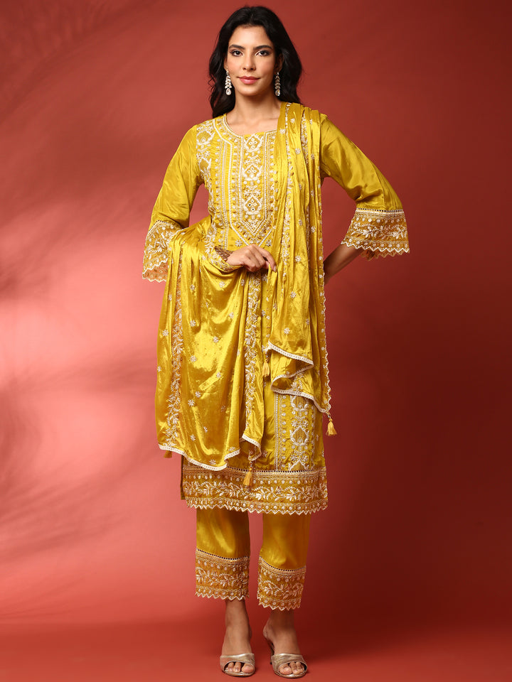 Green muslin heavy embroidered three piece suit set