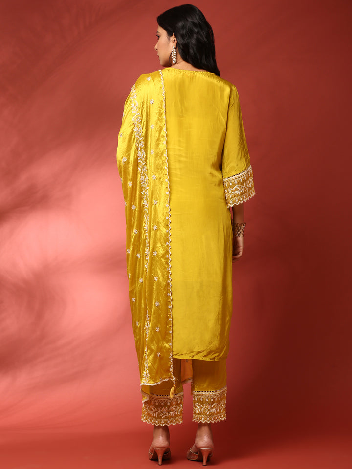 Green muslin heavy embroidered three piece suit set