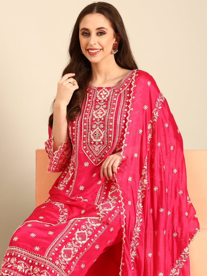 Pink muslin thread embroiderey three piece suit set
