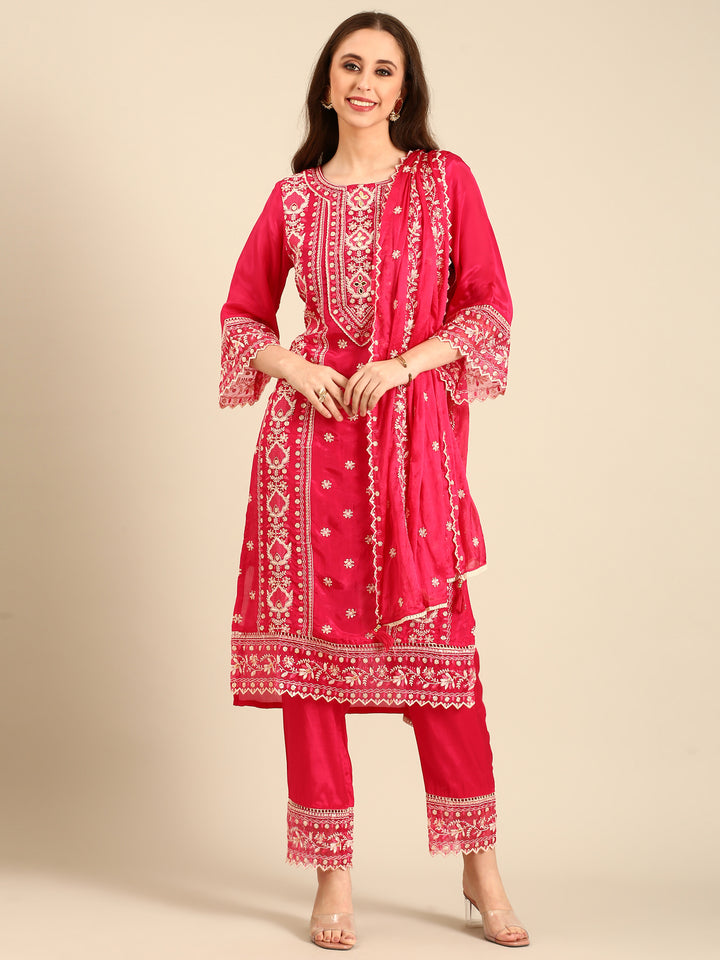 Pink muslin thread embroiderey three piece suit set