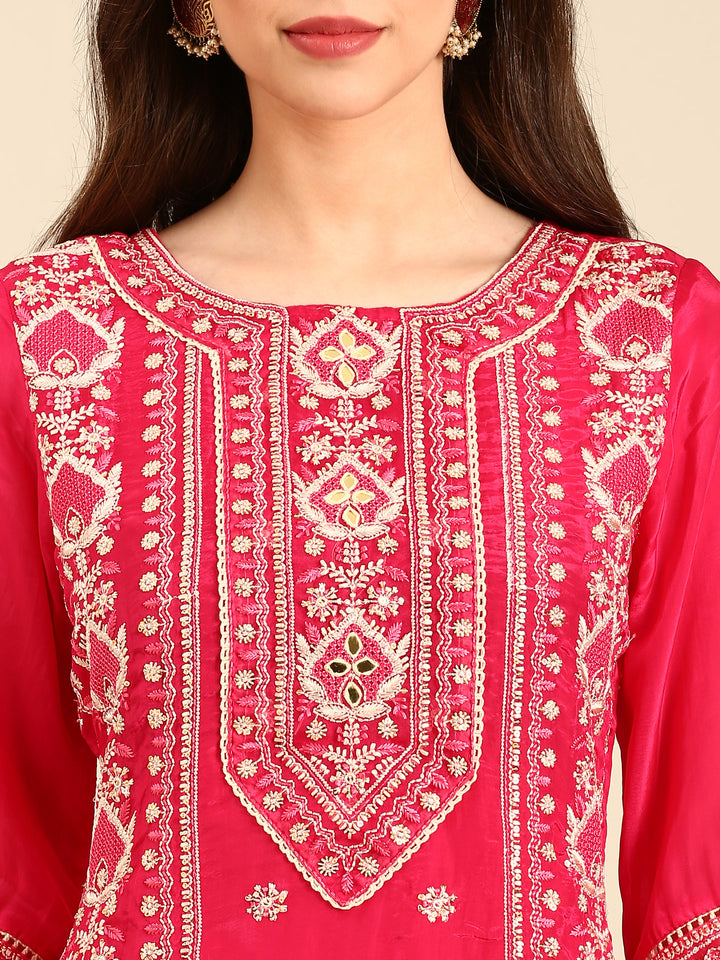 Pink muslin thread embroiderey three piece suit set