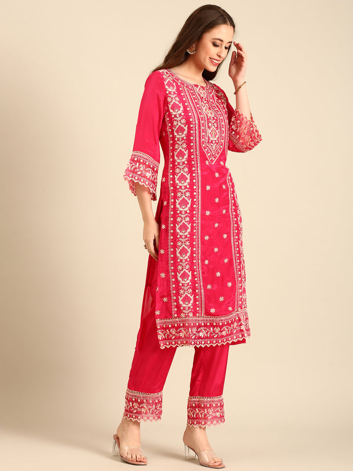 Pink muslin thread embroiderey three piece suit set