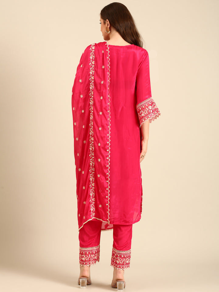 Pink muslin thread embroiderey three piece suit set