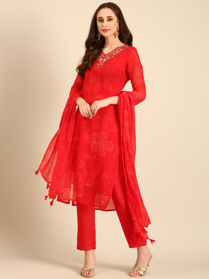 Red Handed embroidery three piece suit set