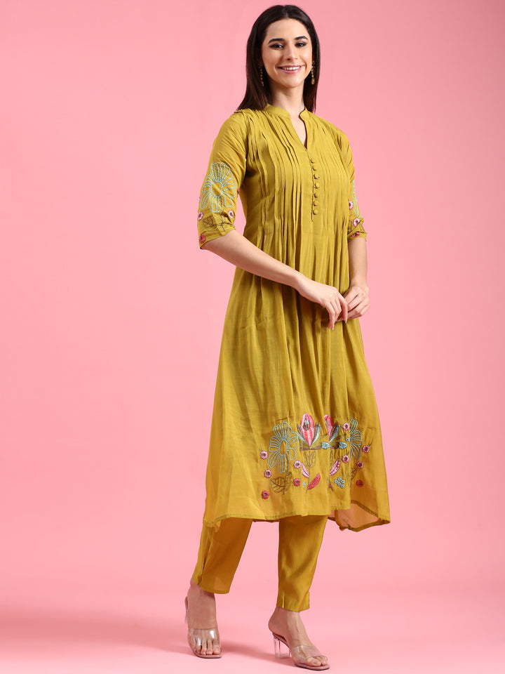 Green Chanderi Embroidery Aline Three Piece Suit Set