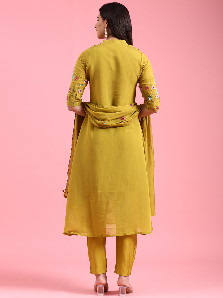 Green Chanderi Embroidery Aline Three Piece Suit Set