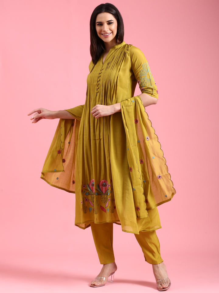 Green Chanderi Embroidery Aline Three Piece Suit Set