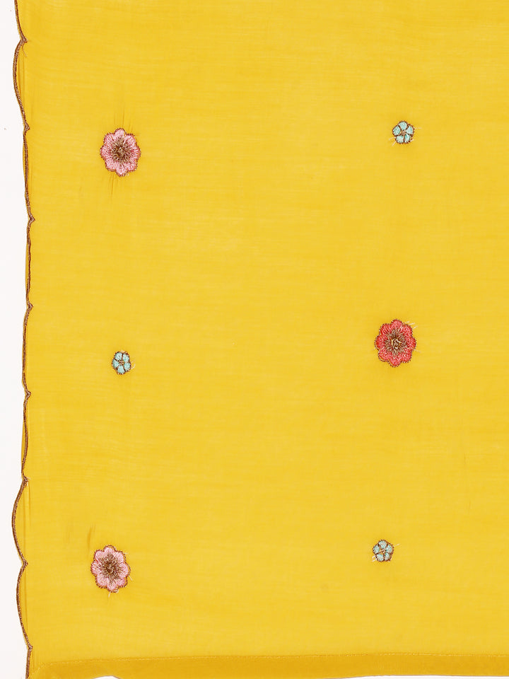 Mustard Chanderi Embroidery Aline Three Piece Suit Set