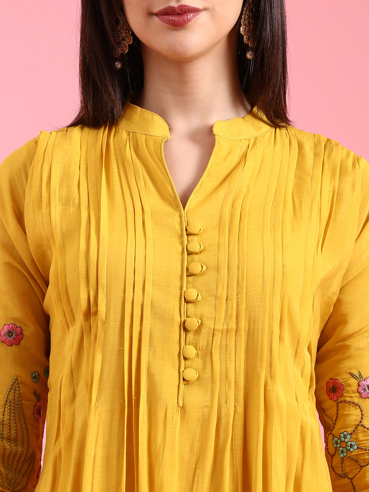 Mustard Chanderi Embroidery Aline Three Piece Suit Set