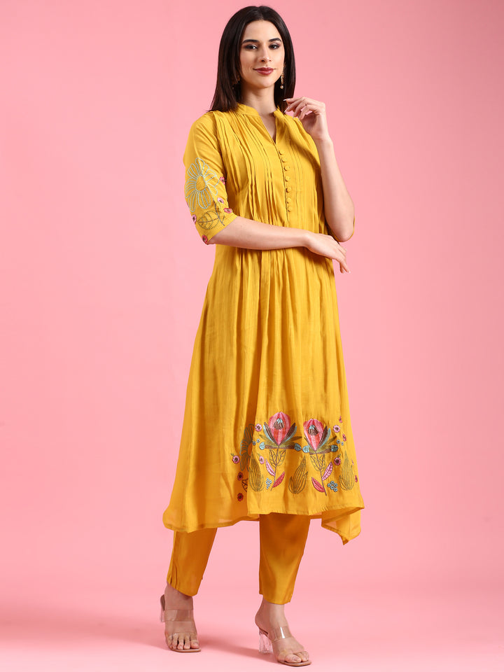 Mustard Chanderi Embroidery Aline Three Piece Suit Set