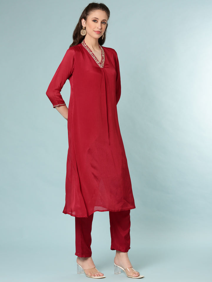 Maroon Chinnon Three Piece Set