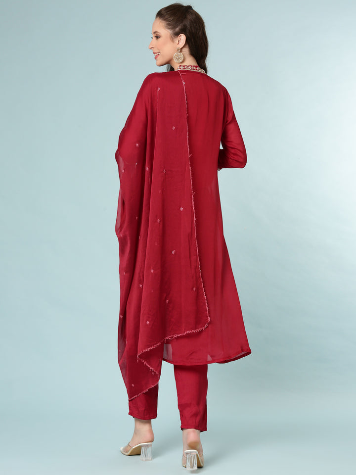 Maroon Chinnon Three Piece Set