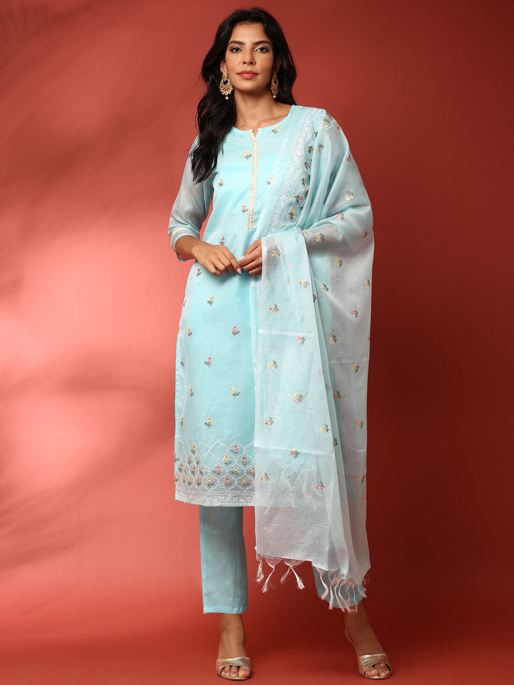 Ferozi Kota doriya Resham thread work three piece suit set