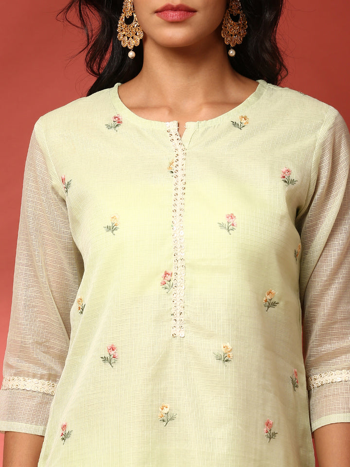 Pista Green Kota doriya Resham thread work three piece suit set