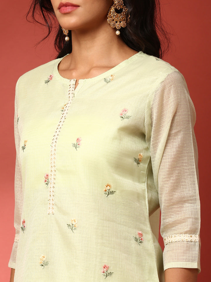 Pista Green Kota doriya Resham thread work three piece suit set