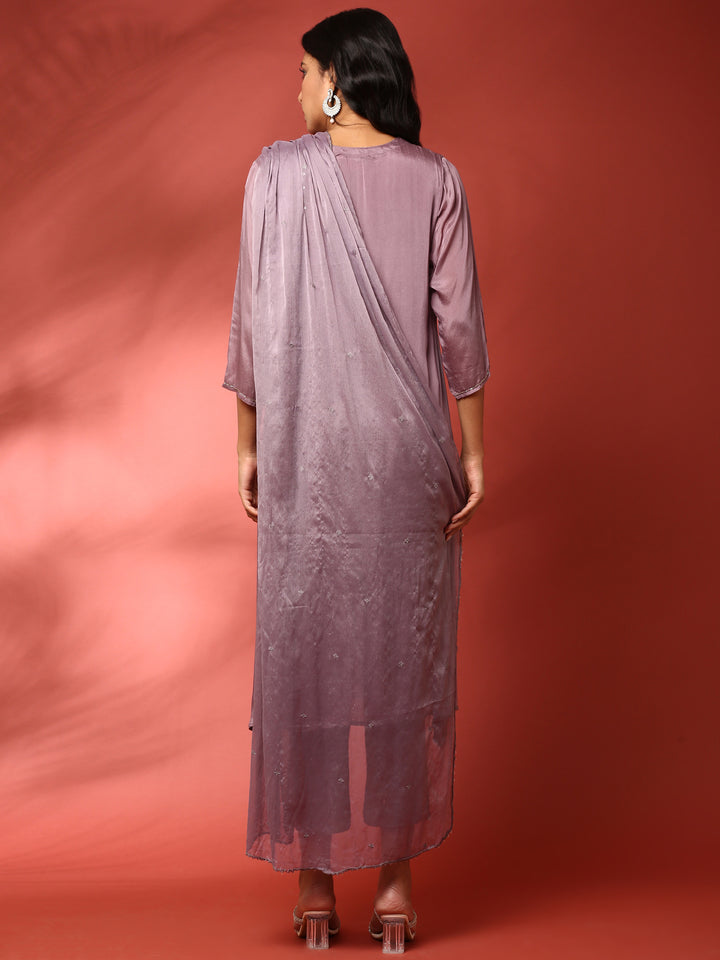 Lilac chinon embroidered three piece suit set