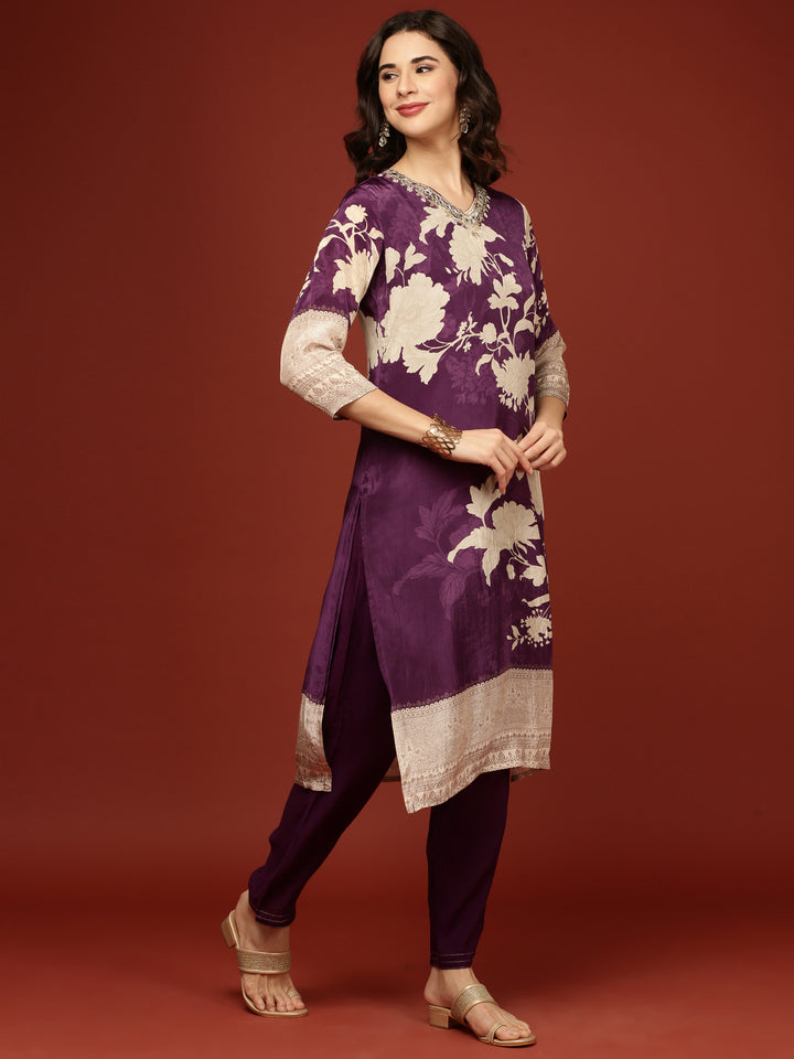 Purple Crepe Floral Printed Three Piece Set