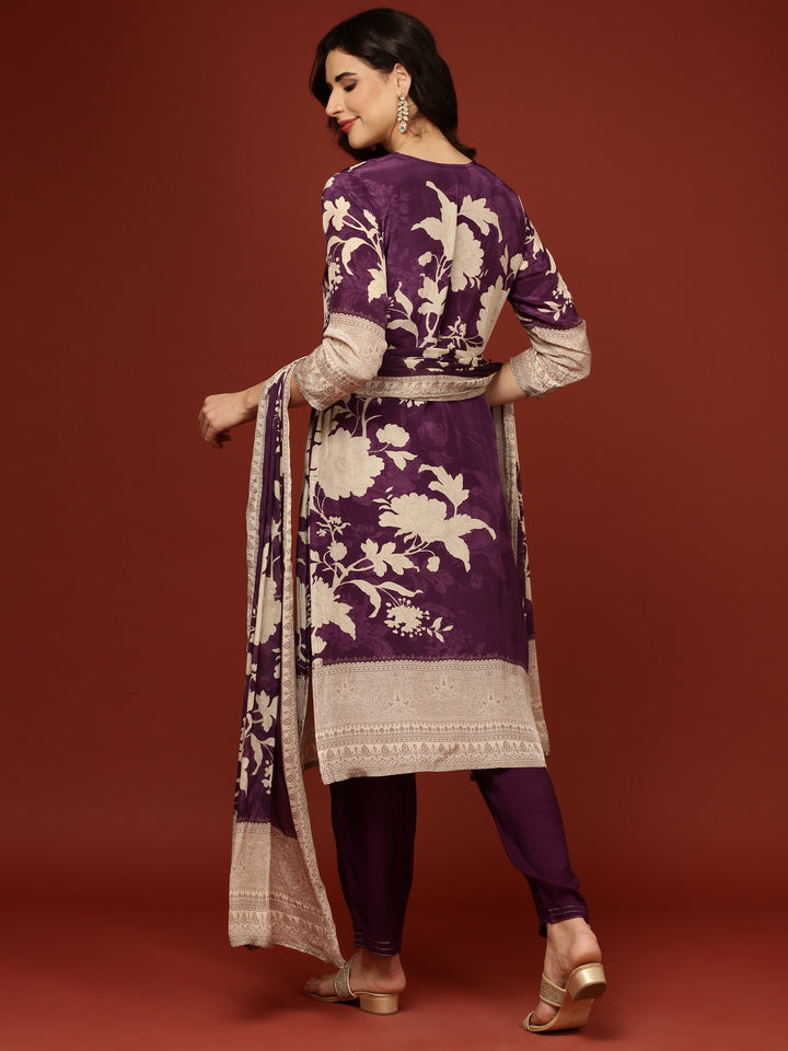 Purple Crepe Floral Printed Three Piece Set