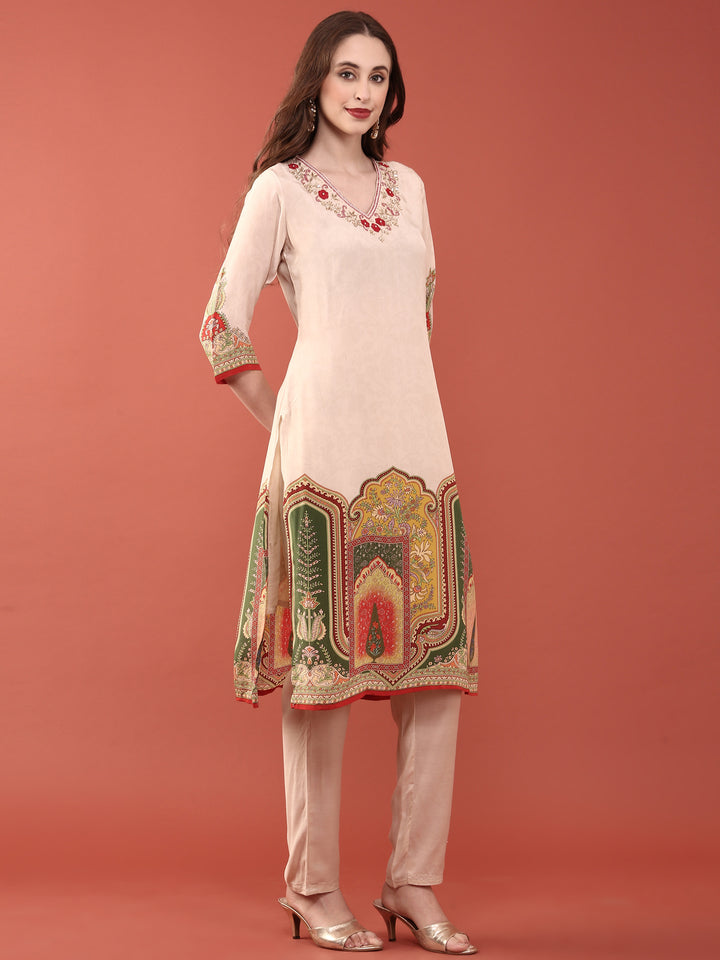 Cream Crepe Digital Print Three Piece Set