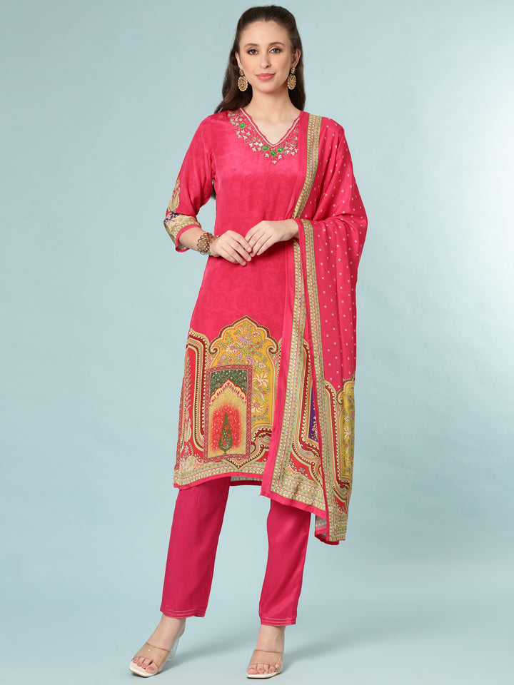 Rani Pink Crepe Digital Print Three Piece Set