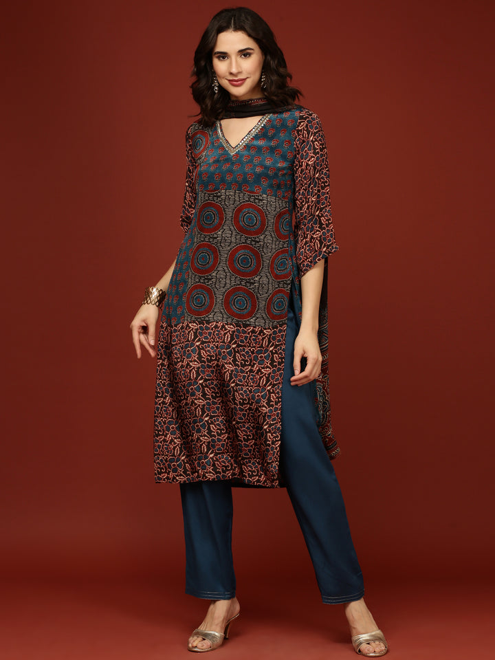 Teal Blue Crepe Printed Three Piece Set