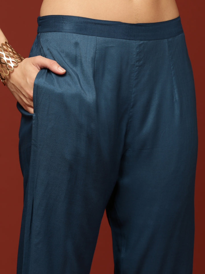 Teal Blue Crepe Printed Three Piece Set