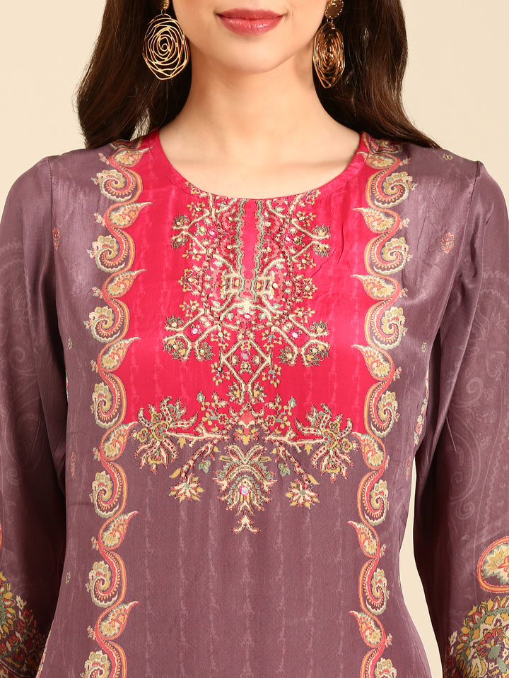 Light purple Digital printed three piece Crepe suit set