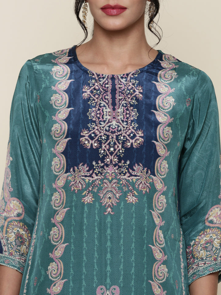 Sea Green Digital printed crepe Three piece suit set