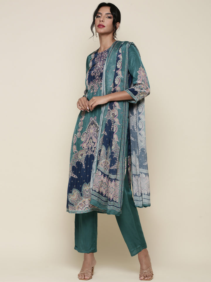 Sea Green Digital printed crepe Three piece suit set