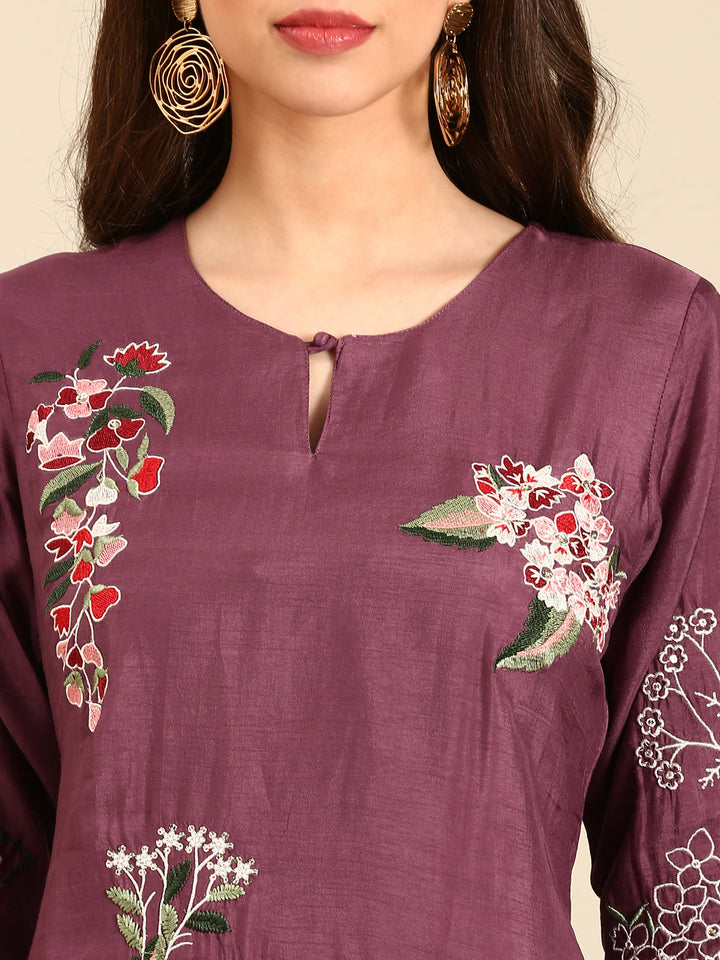 Wine thread and sequins embroidered three piece suit set