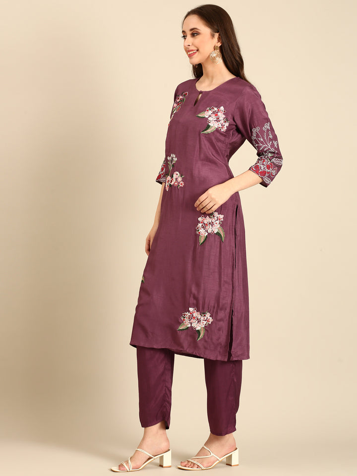 Wine thread and sequins embroidered three piece suit set