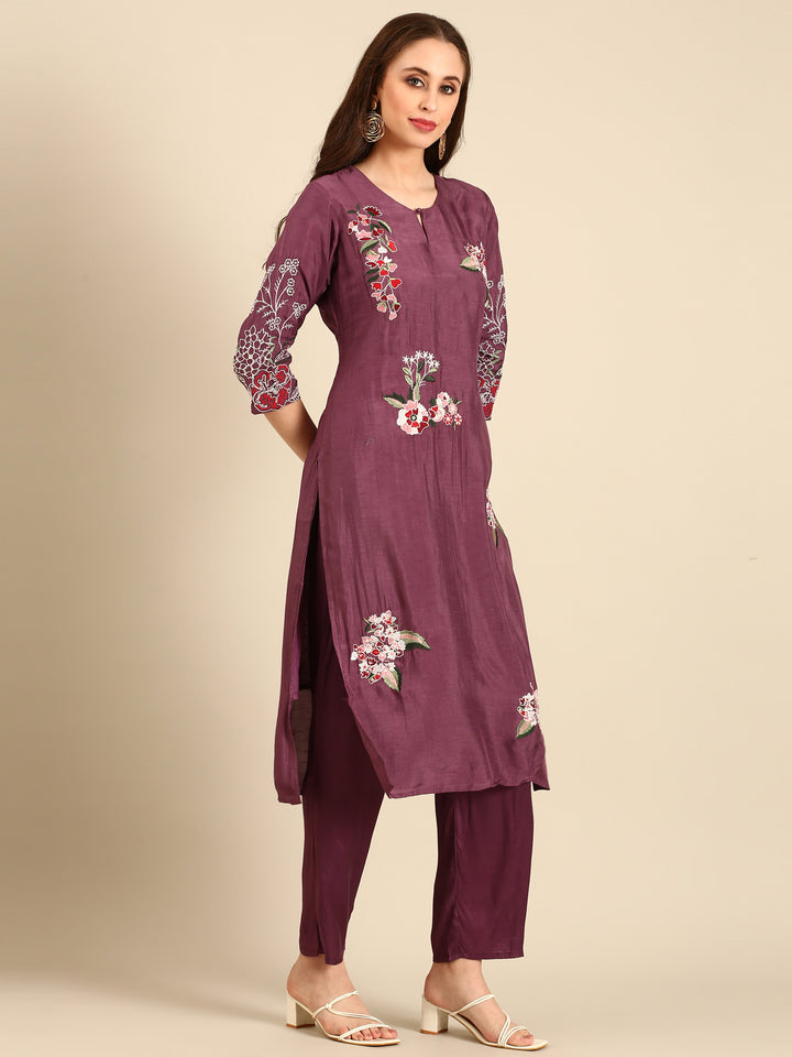 Wine thread and sequins embroidered three piece suit set