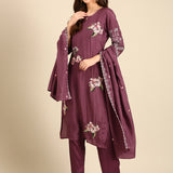 Wine thread and sequins embroidered three piece suit set