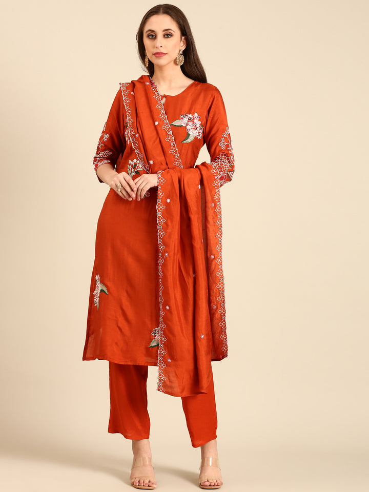 Rust Modal fabric suit thread embroidery with sequins