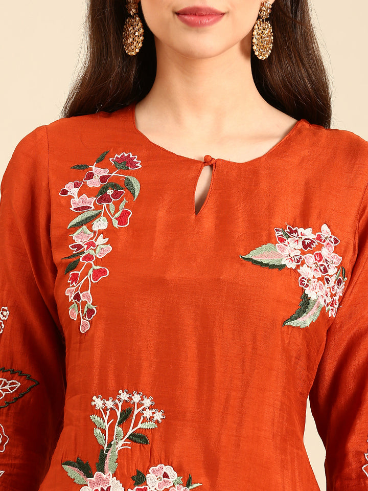 Rust Modal fabric suit thread embroidery with sequins