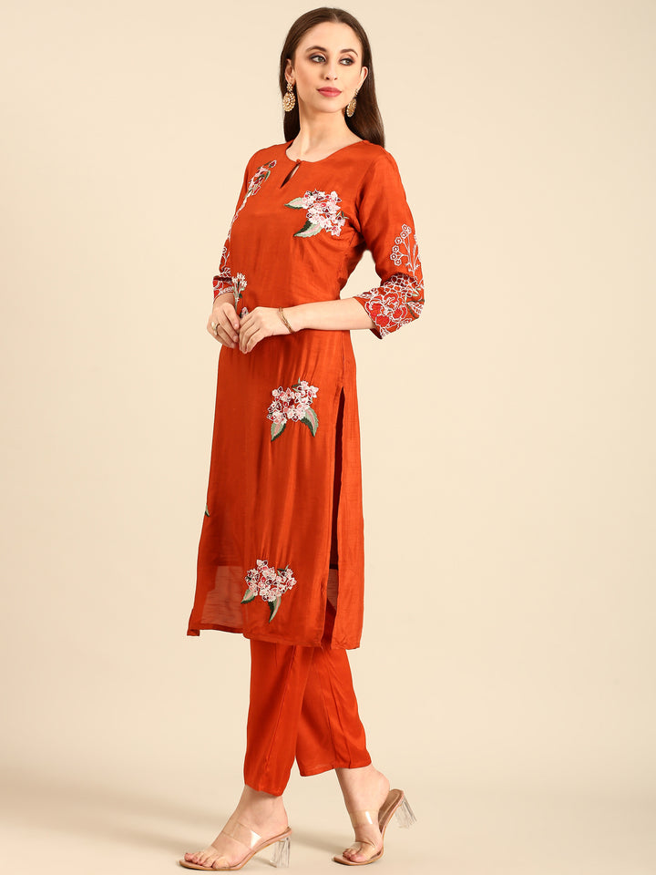 Rust Modal fabric suit thread embroidery with sequins