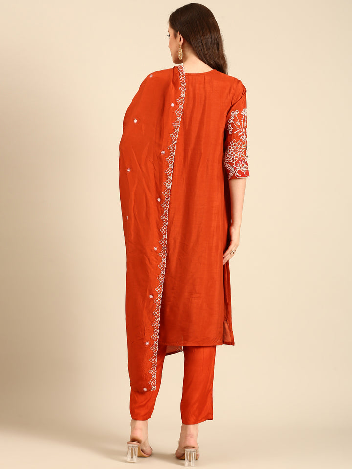 Rust Modal fabric suit thread embroidery with sequins
