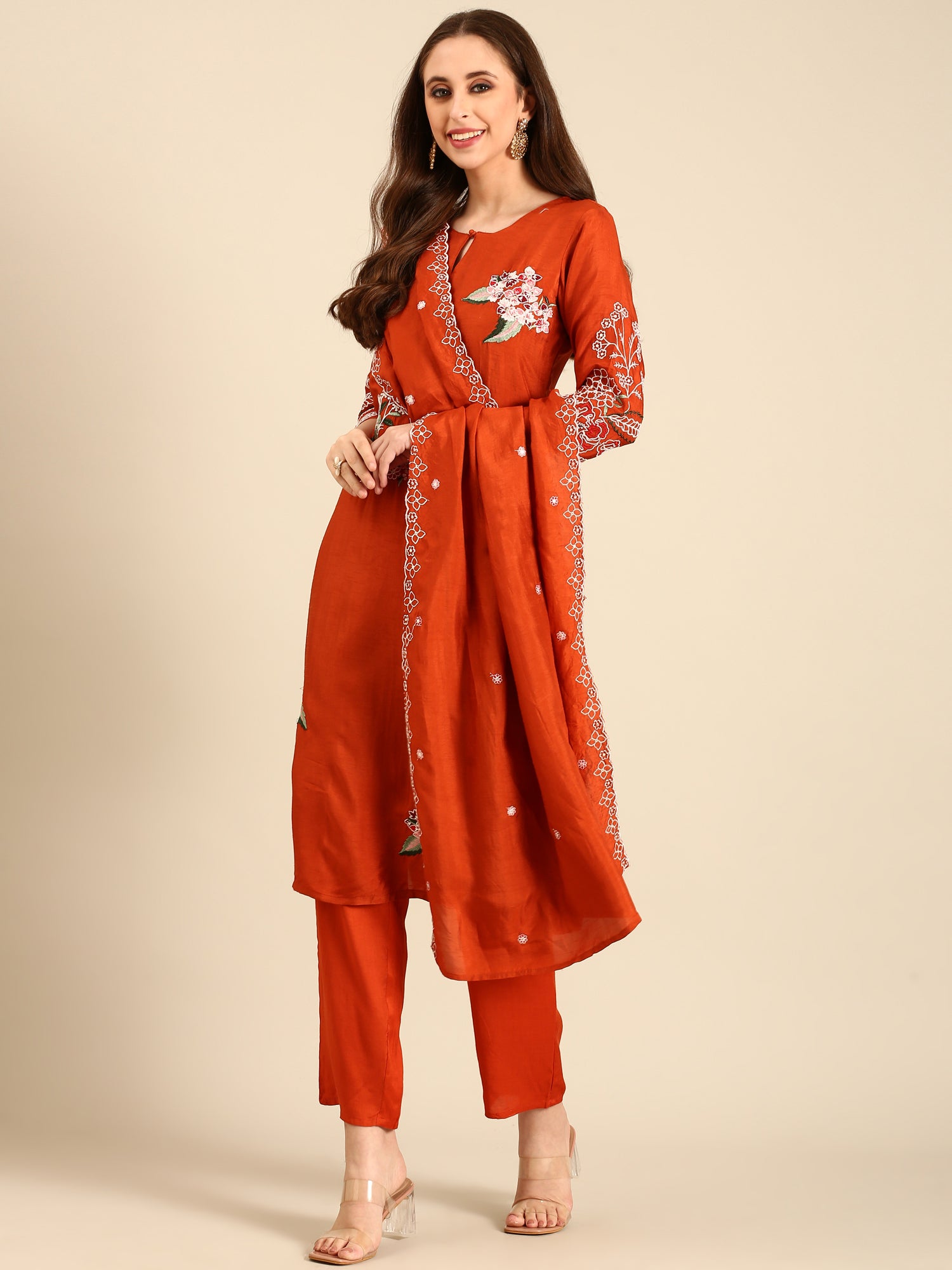 Thread Modal Designs Rust Modal fabric suit thread embroidery with sequins – Neerus India