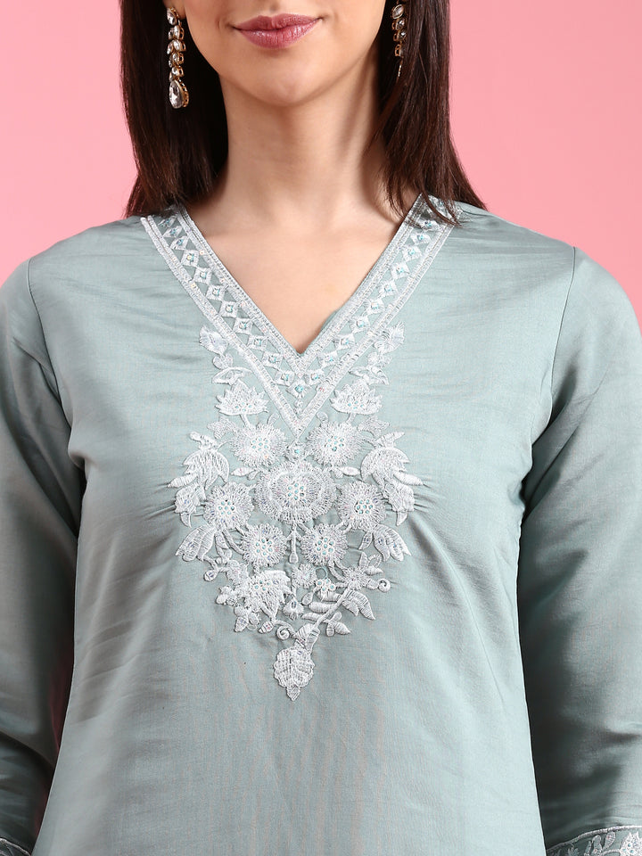 Aqua Modal Silk Embroidery Three Piece Suit Set