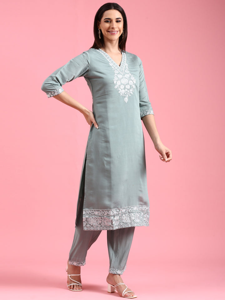 Aqua Modal Silk Embroidery Three Piece Suit Set