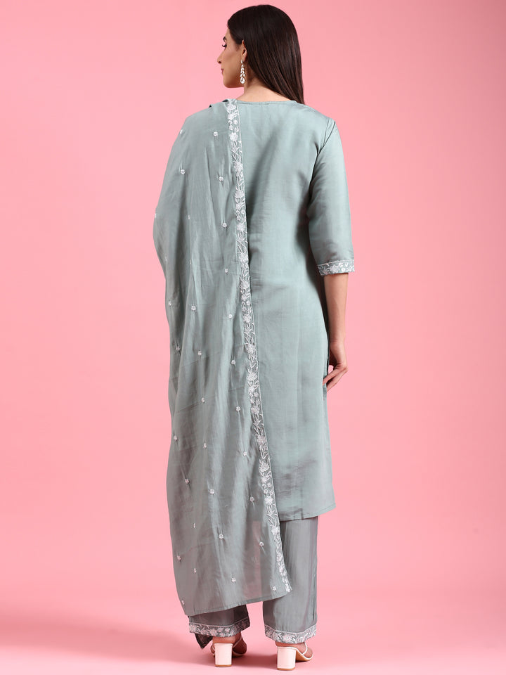 Aqua Modal Silk Embroidery Three Piece Suit Set