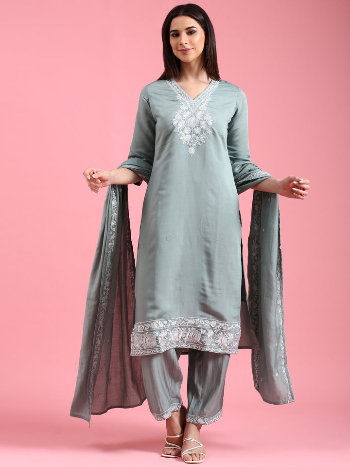 Aqua Modal Silk Embroidery Three Piece Suit Set