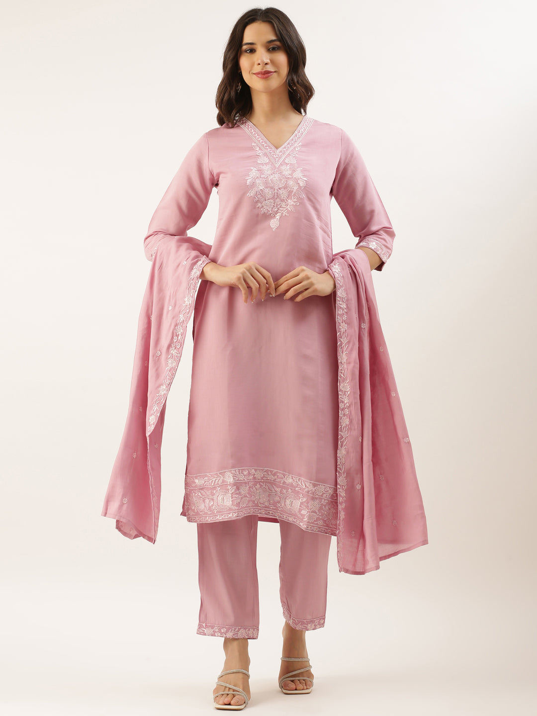 Baby Pink Modal Silk Embroidery Three Piece Suit Set