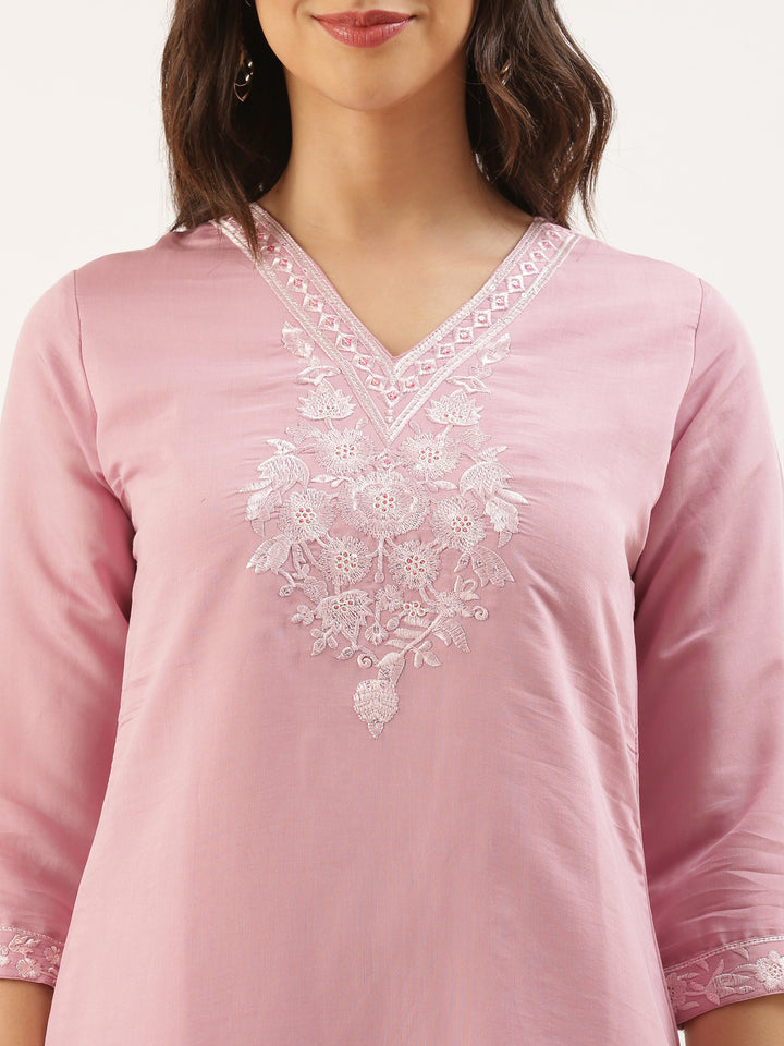 Baby Pink Modal Silk Embroidery Three Piece Suit Set