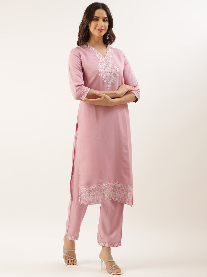 Baby Pink Modal Silk Embroidery Three Piece Suit Set