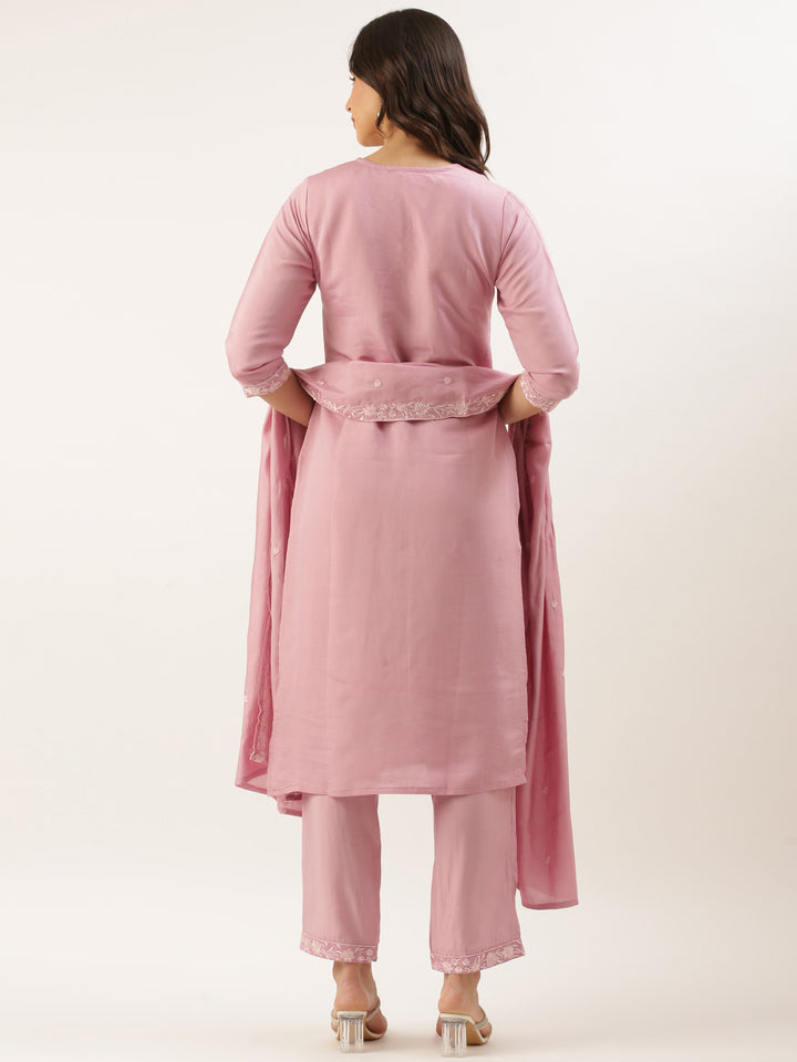 Baby Pink Modal Silk Embroidery Three Piece Suit Set