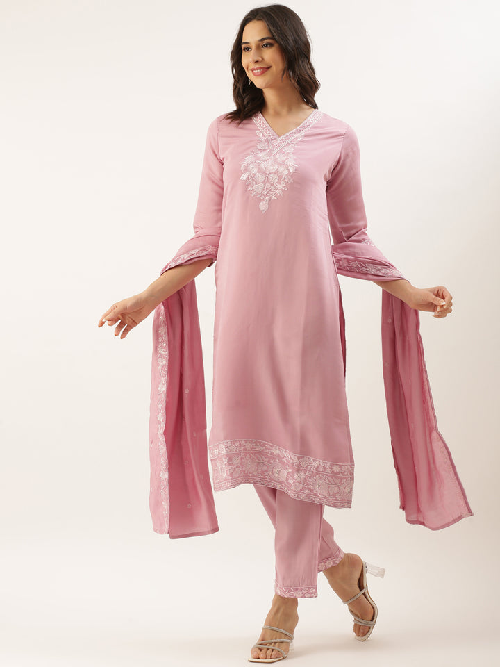 Baby Pink Modal Silk Embroidery Three Piece Suit Set