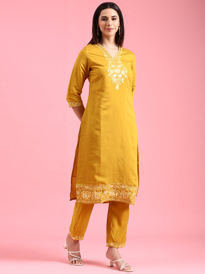 Mustard Modal Silk Embroidery Three Piece Suit Set
